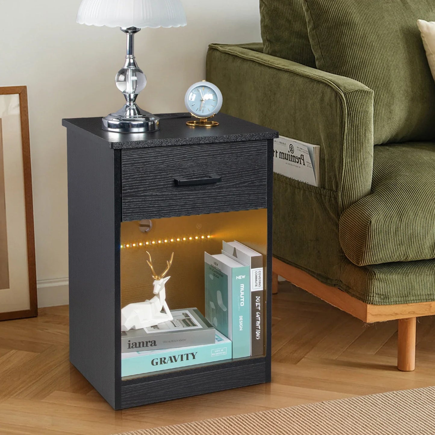 Modern LED Bedside Table with Drawer and USB Charging Black