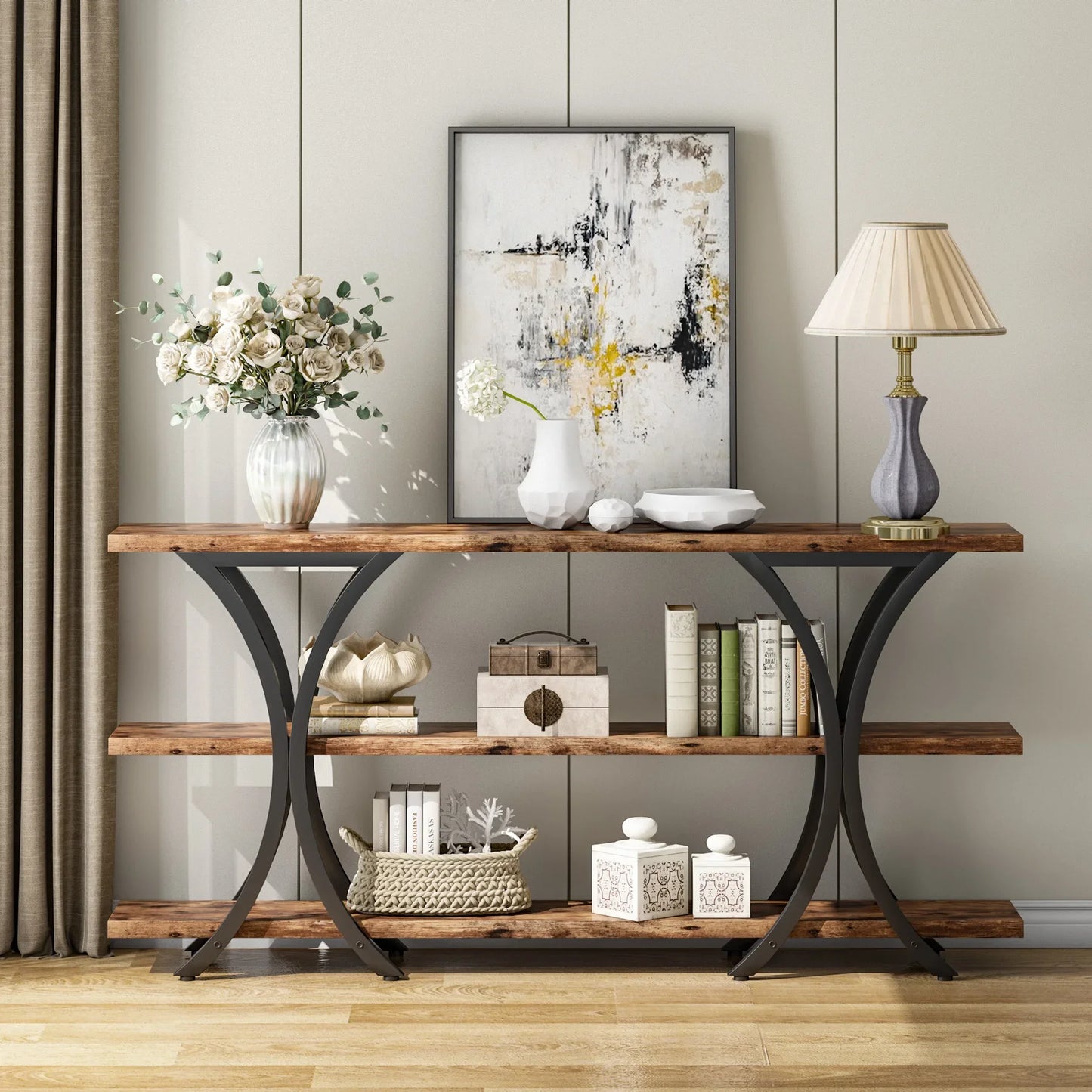 Ljustra 70.8 Inch Narrow Console Table Long Entry Table with 3 Shelves