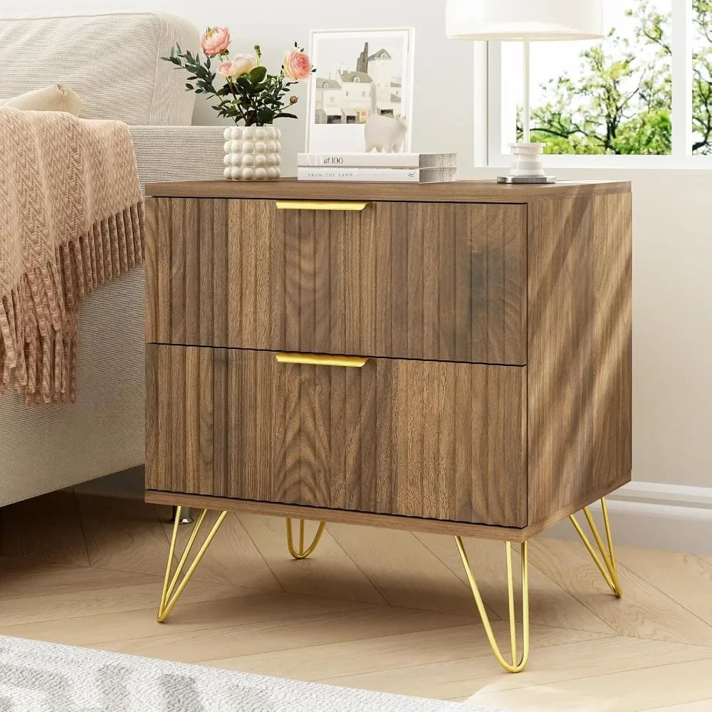 Nightstand Set of 2 Fluted Night Stand with 2 Drawers Wood Storage