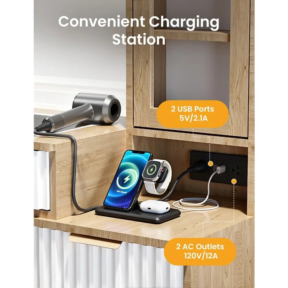 Makeup Vanity Desk with Mirror LED Lights Charging Storage Glass Top