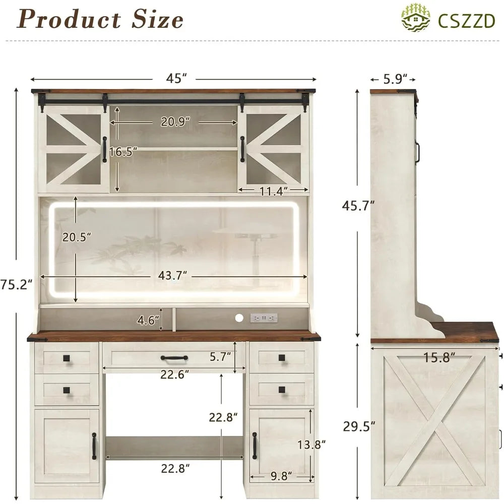 75.2 Farmhouse Vanity Desk with Mirror Lights Makeup Table Power Outlet