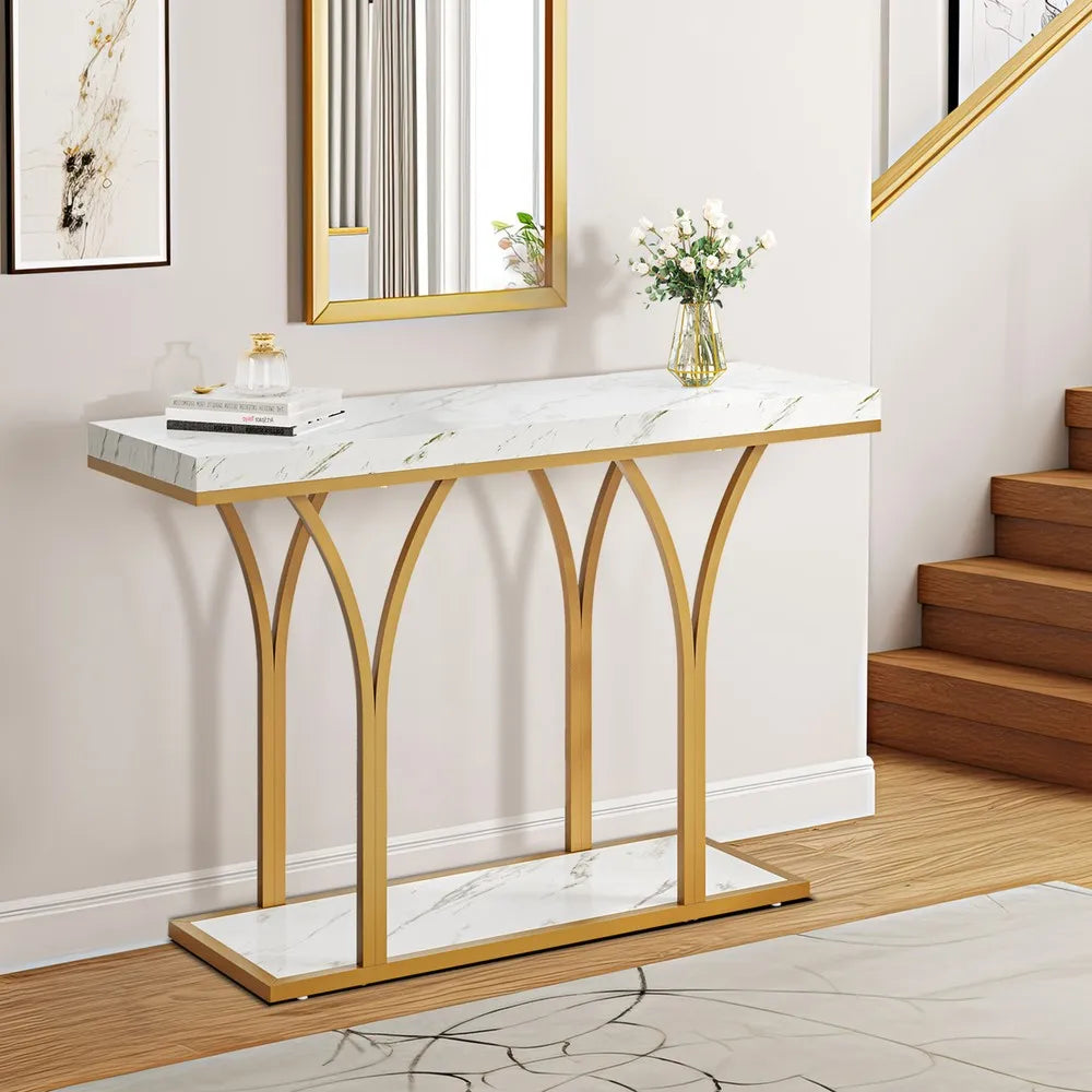 Gold Entryway Console Table with LED Lights Faux Marble Top 39 Inches