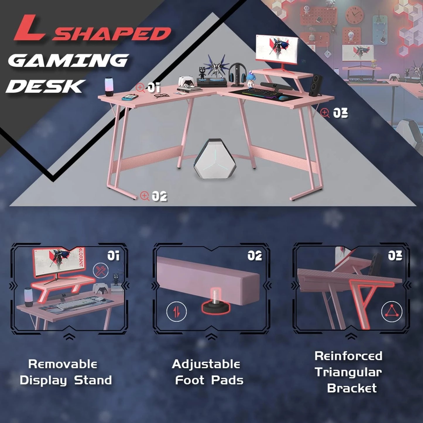 **** Pink L Shaped Gaming Desk Computer Corner Table with Monitor Stand