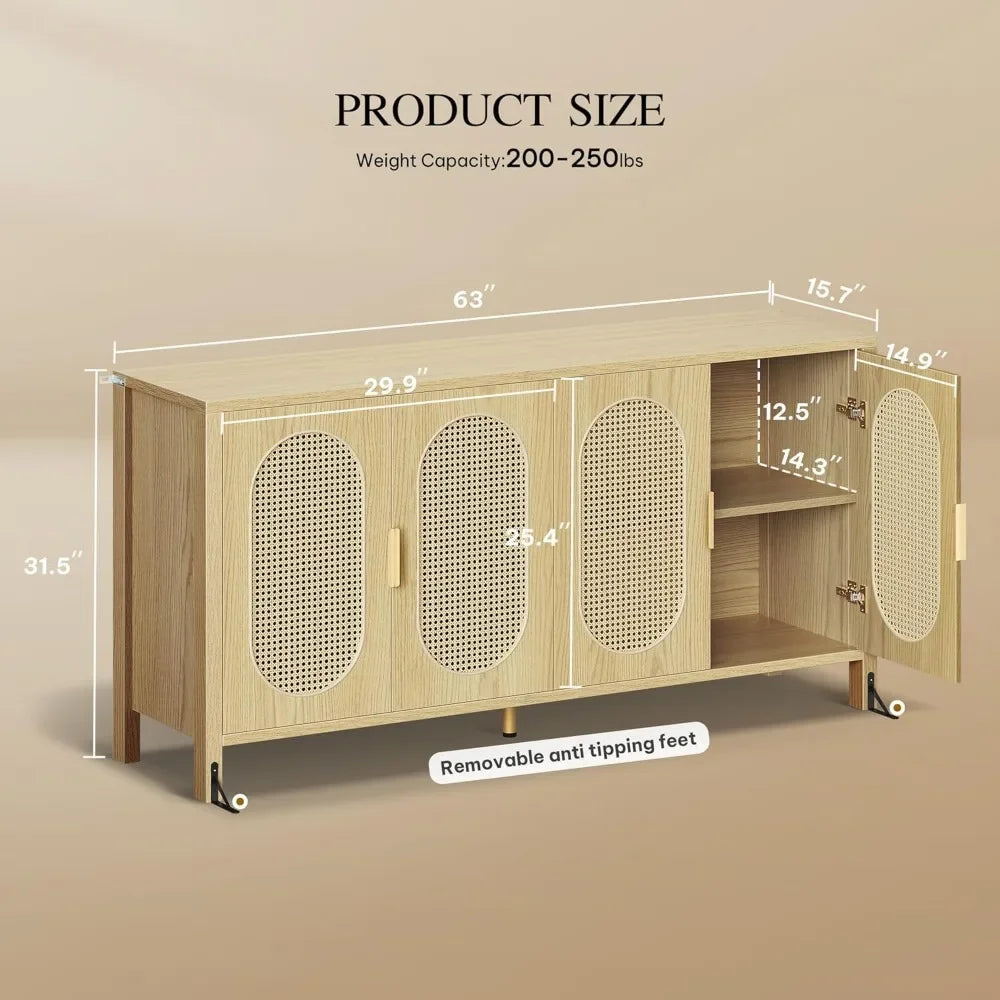 63 Inch Buffet Sideboard Cabinet Storage Rattan 4 Doors Adjustable Shelves