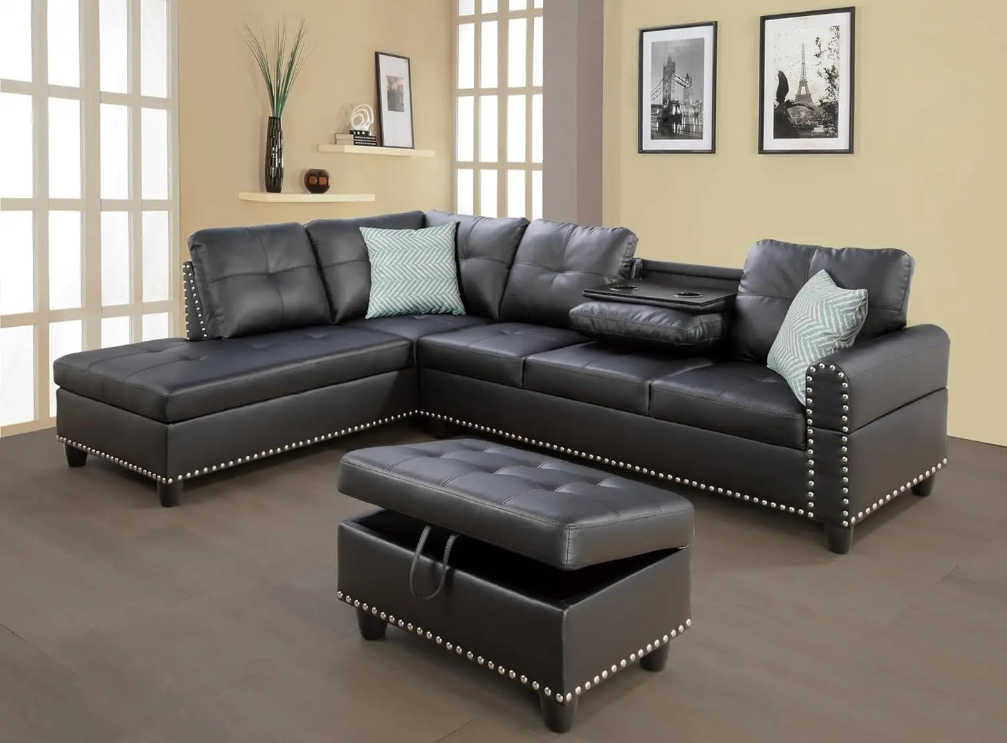 Black Faux Leather Sectional Sofa with Ottoman & Chaise | Ljustra Nordkveld