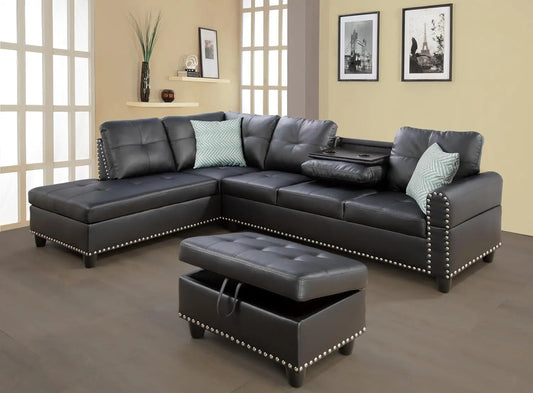 Black Faux Leather Sectional Sofa with Ottoman & Chaise | Ljustra Nordkveld