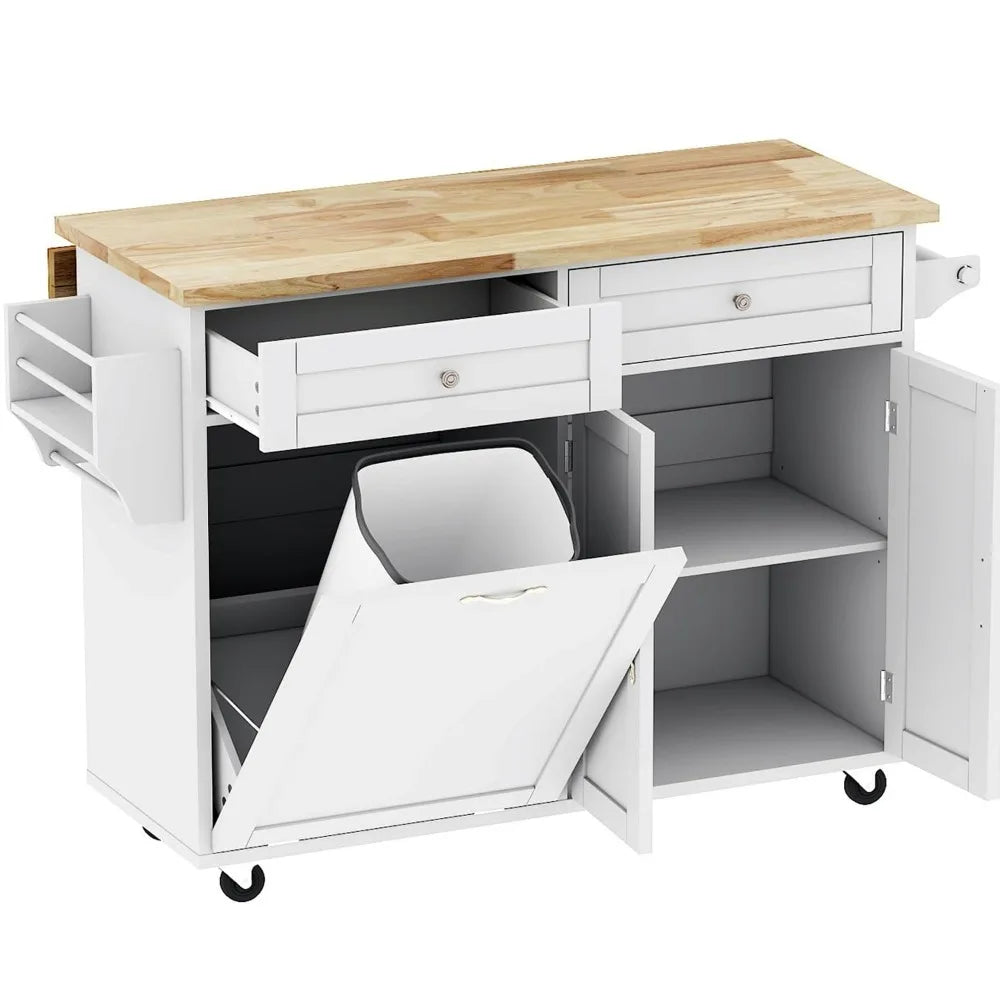Large Kitchen Island with Drop Leaf Rolling Trash Cabinet on Wheels