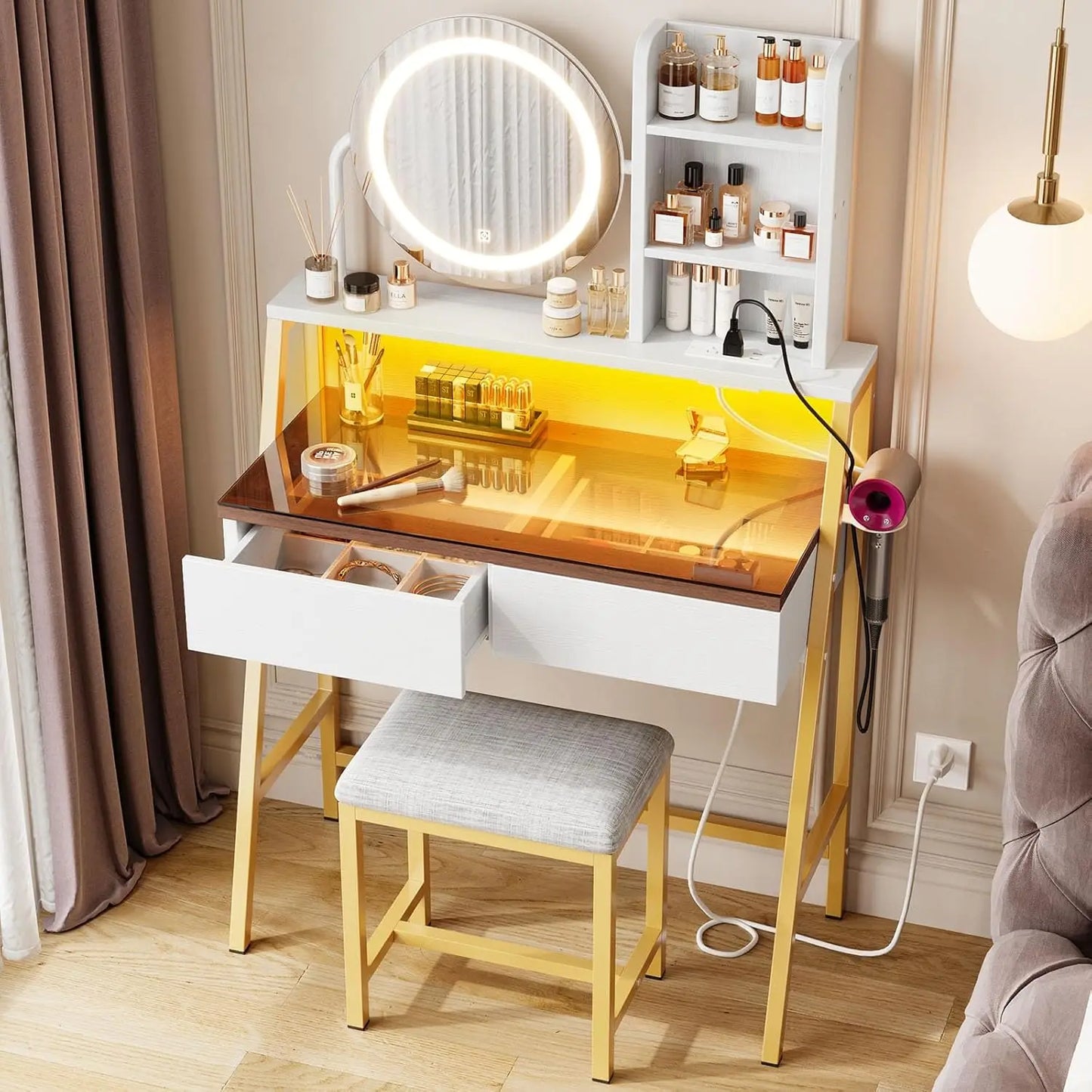 Ljustra Vanity Desk with Mirror and Lights Makeup Storage 2 Drawers