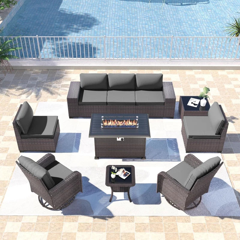 Kullavik 10 Pieces Outdoor Patio Furniture Set Rattan Sofa Fire Pit