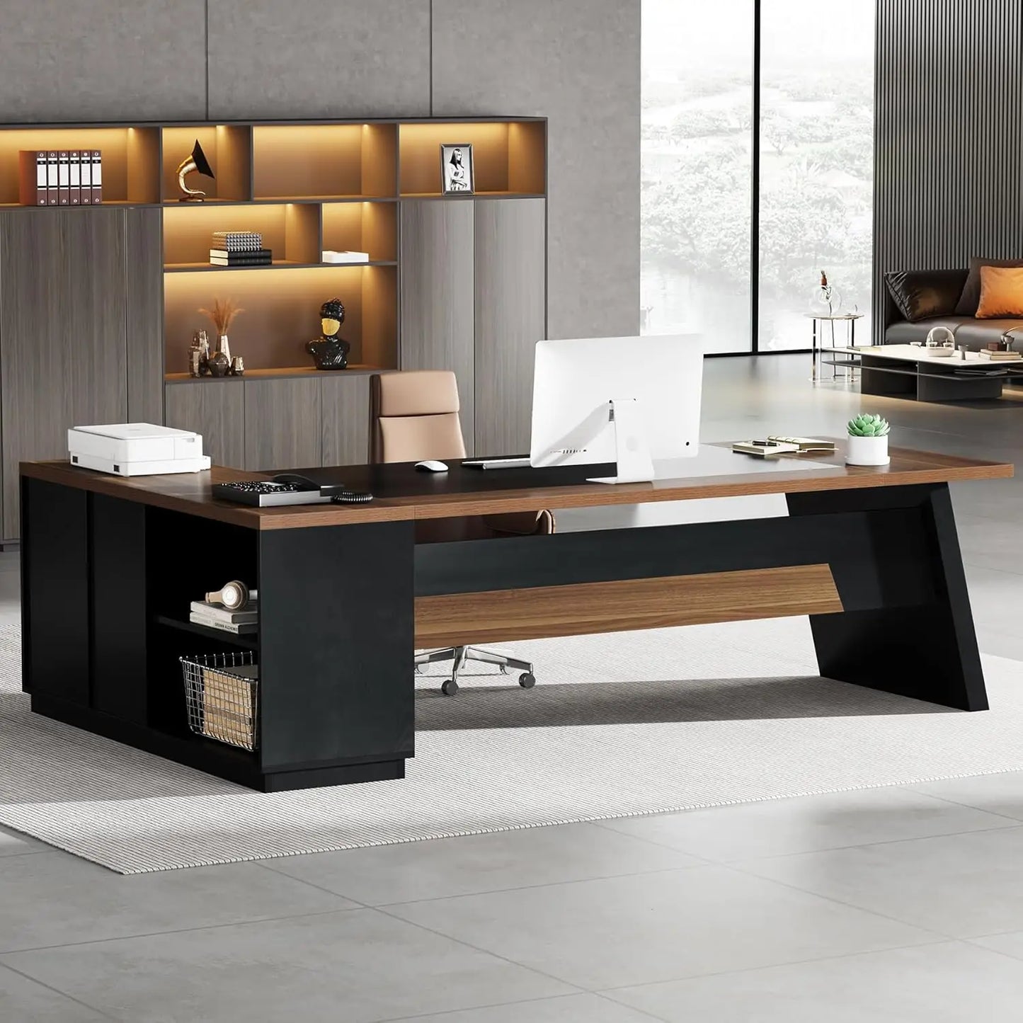 Modern L-Shaped Executive Desk with Drawers and File Cabinet Office