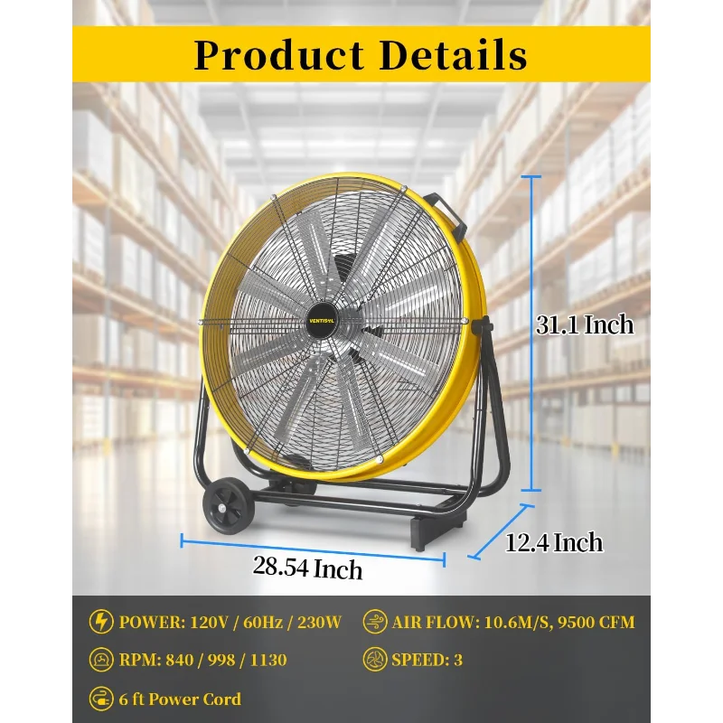 VENTISOL 24 Inch Industrial Floor Fan High Velocity 9500 CFM Heavy Duty