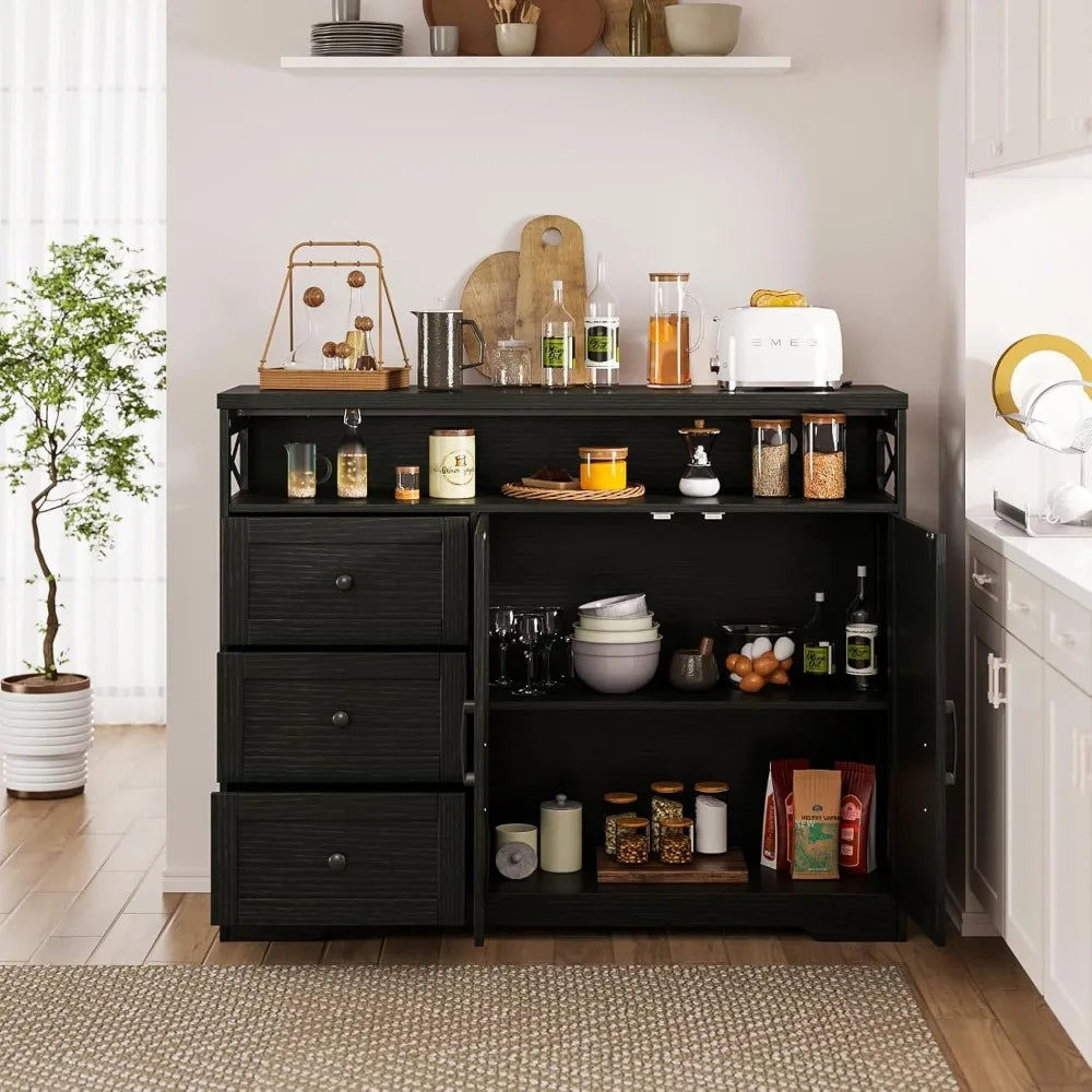47 Inch Black Storage Cabinet Farmhouse Sideboard Buffet Kitchen Pantry