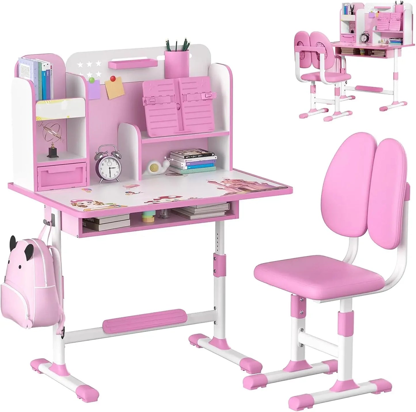 Kids Height Adjustable Study Desk Chair Set with Sitting Corrector