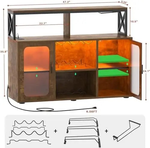 Bar Cabinet with Power Outlets LED Lights Glass Holder Storage Buffet
