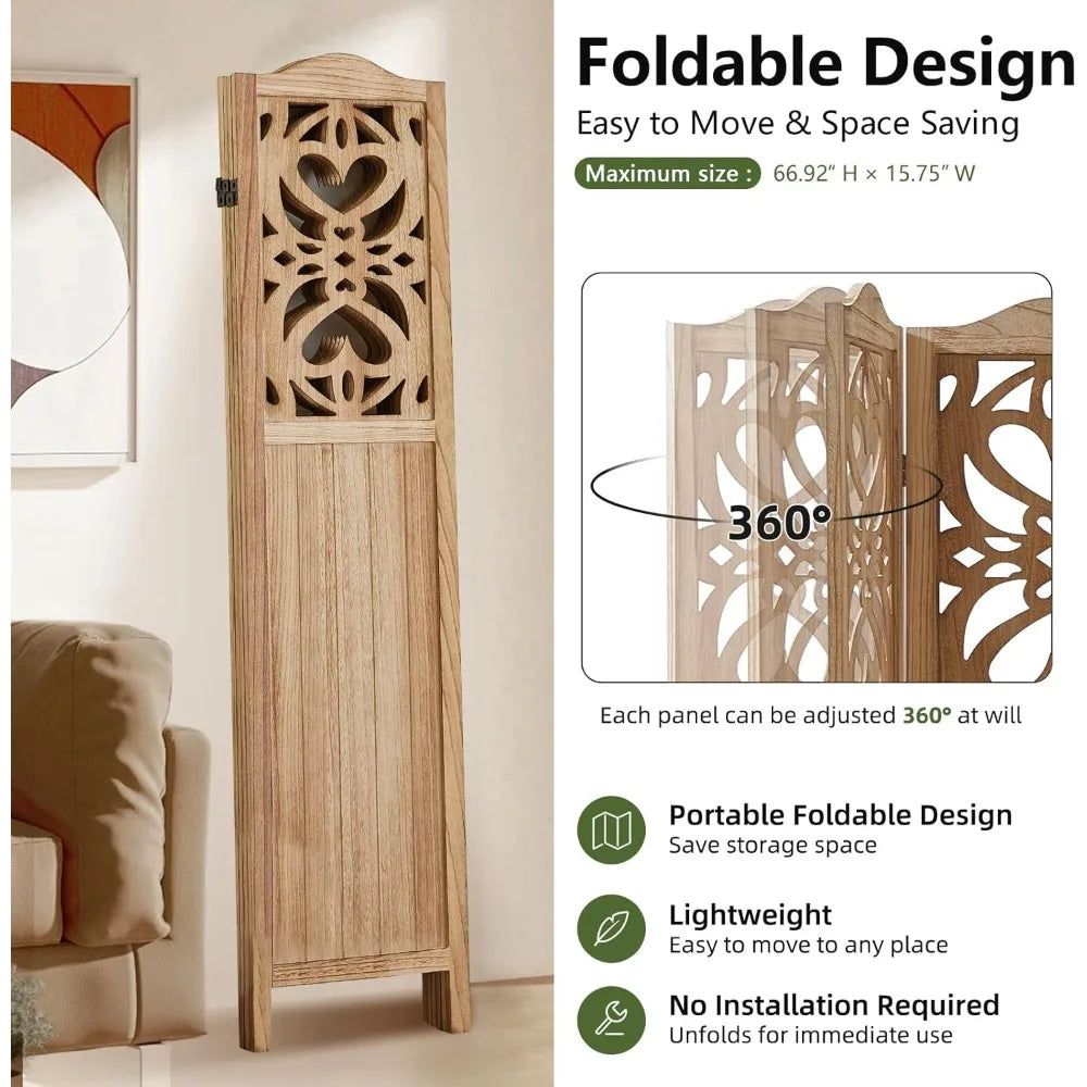 4 Panel Wood Carved Room Divider Folding Privacy Screen 5.6FT Tall