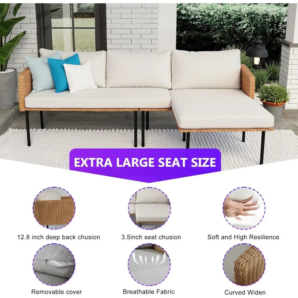 82 Inch Boho L Shaped Outdoor Couch Wicker Sectional Sofa
