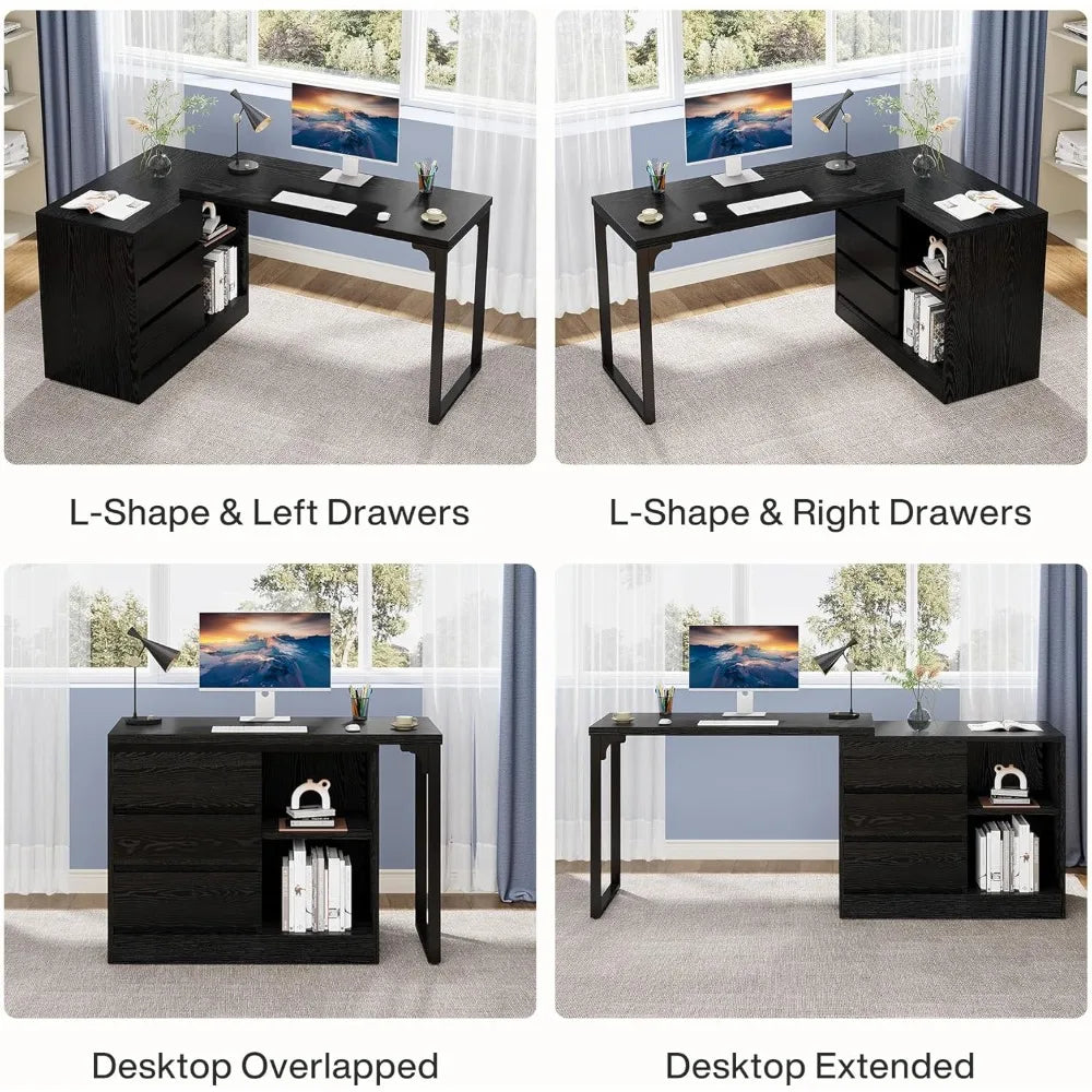 L-Shaped Computer Desk with Drawers Shelves Reversible Corner Office Desk