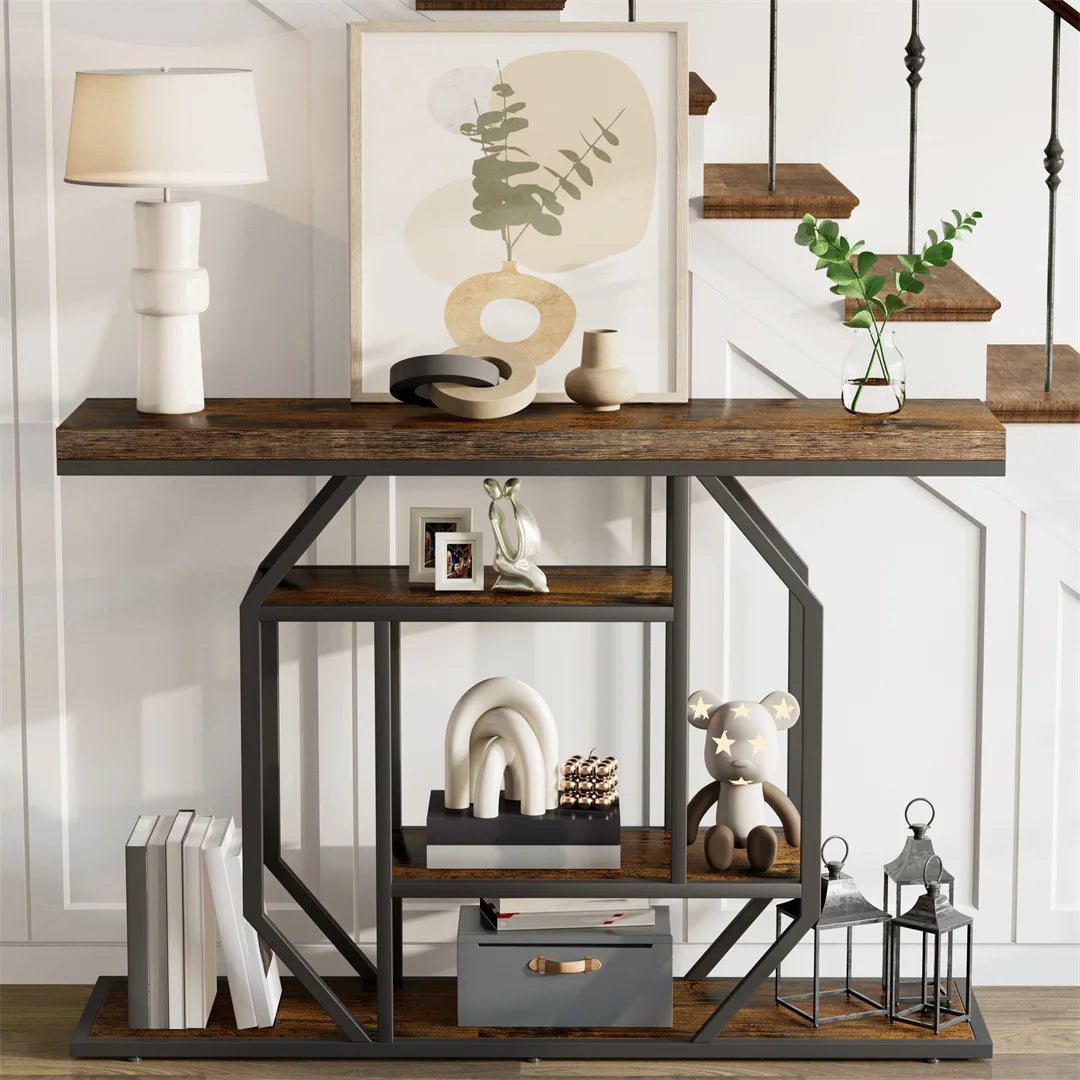 Ljustra Industrial Entryway Console Table 120cm with 4 Tier Storage