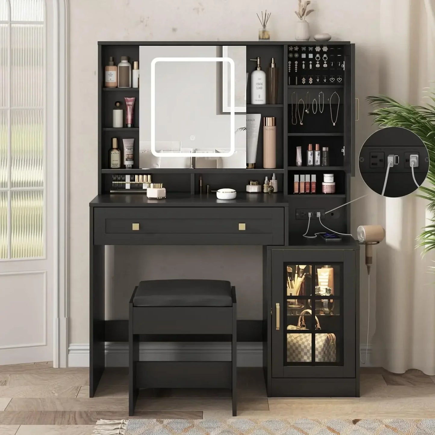 Ljustra Vanity Desk with Sliding Mirror Charging Station Stool Jewelry Storage
