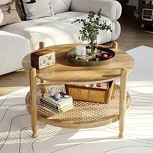 32 Inch Round Coffee Table Rustic Wood 2-Tier Boho Woven Storage
