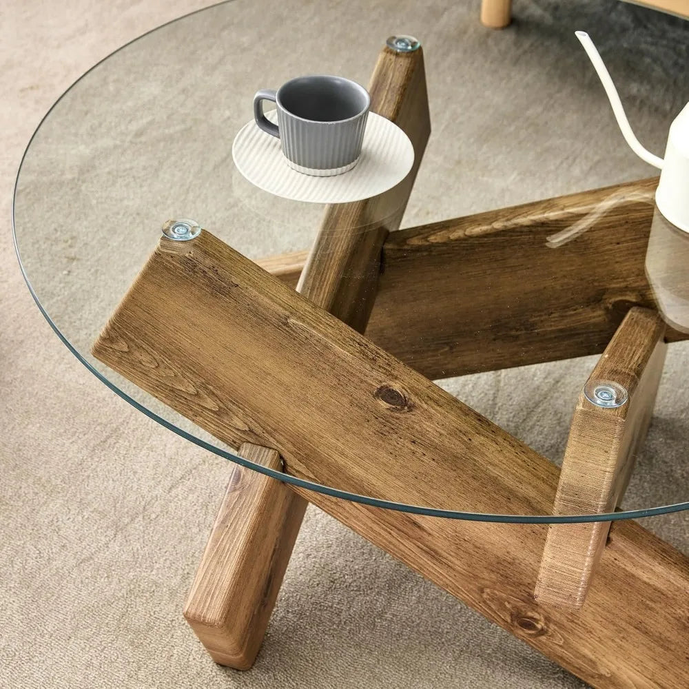 Mid Century Modern Round Coffee Table Glass Top Wood Finish 33.4 Inch