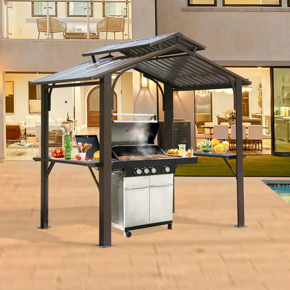Domi 8x5FT Hardtop Grill Gazebo BBQ Canopy with Side Shelves Hook