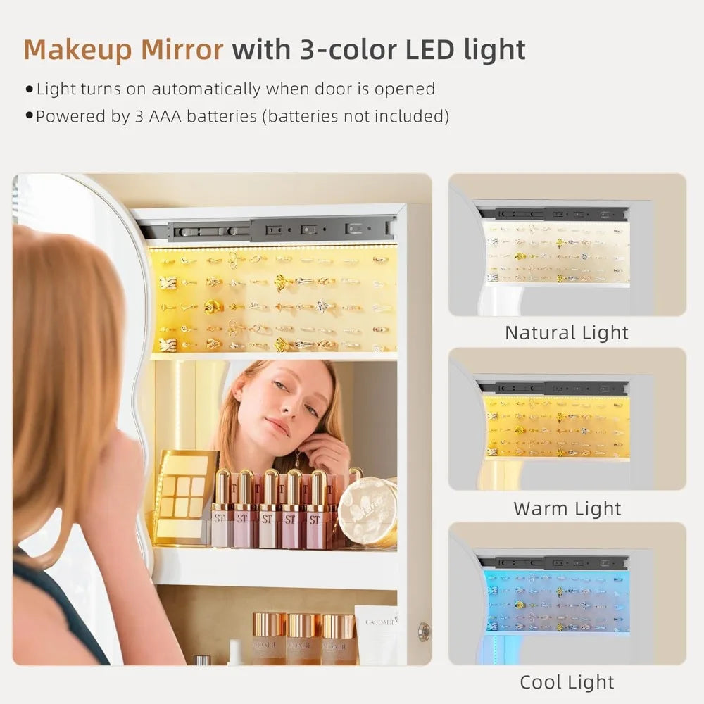 Jewelry Armoire with LED Lights Lockable Wavy Mirror Jewelry Organizer