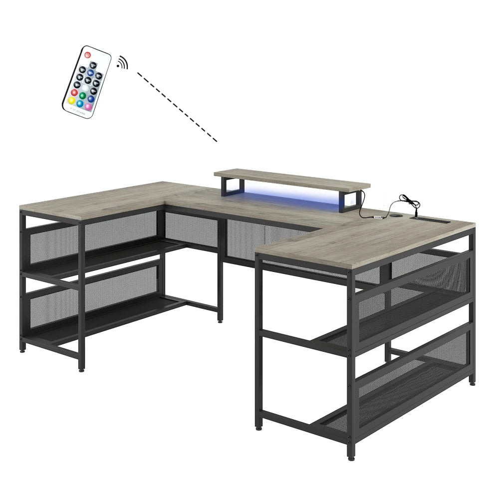 U Shaped Desk with LED Lights Power Outlets Monitor Stand Gaming Office