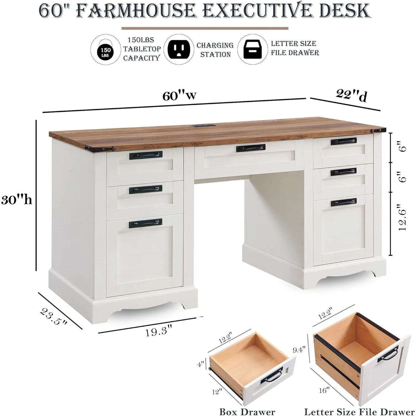 60 Inch Farmhouse Executive Desk with Drawers Charging Station