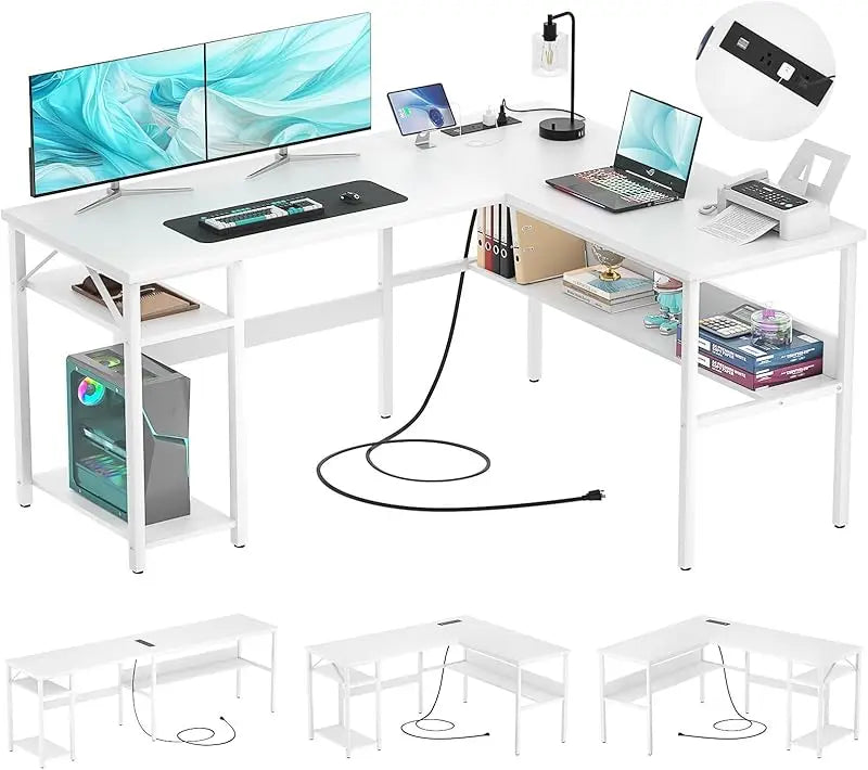 Reversible L Shaped Gaming Desk with USB Ports and Storage Shelf
