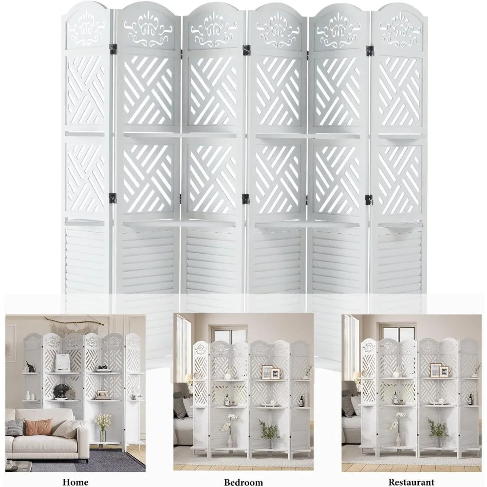 Room Divider with Shelves 5.75ft Tall Folding Wood Carved Screen