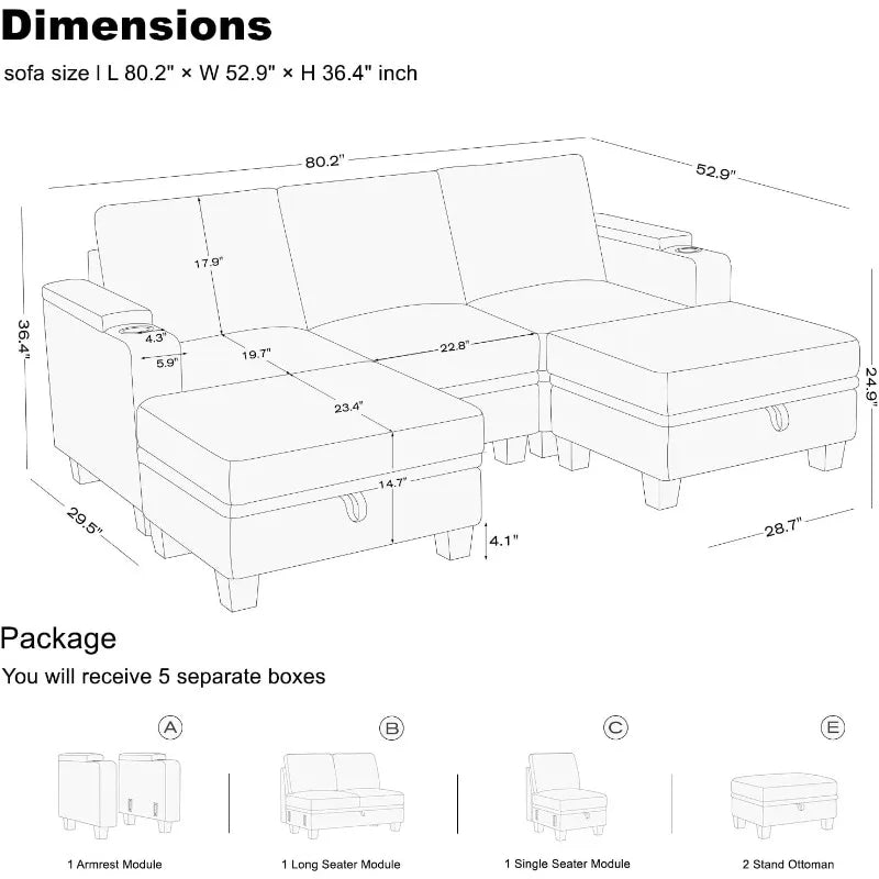Small Corner Modular Sectional Couch U Shaped Sofa with Cup Holder