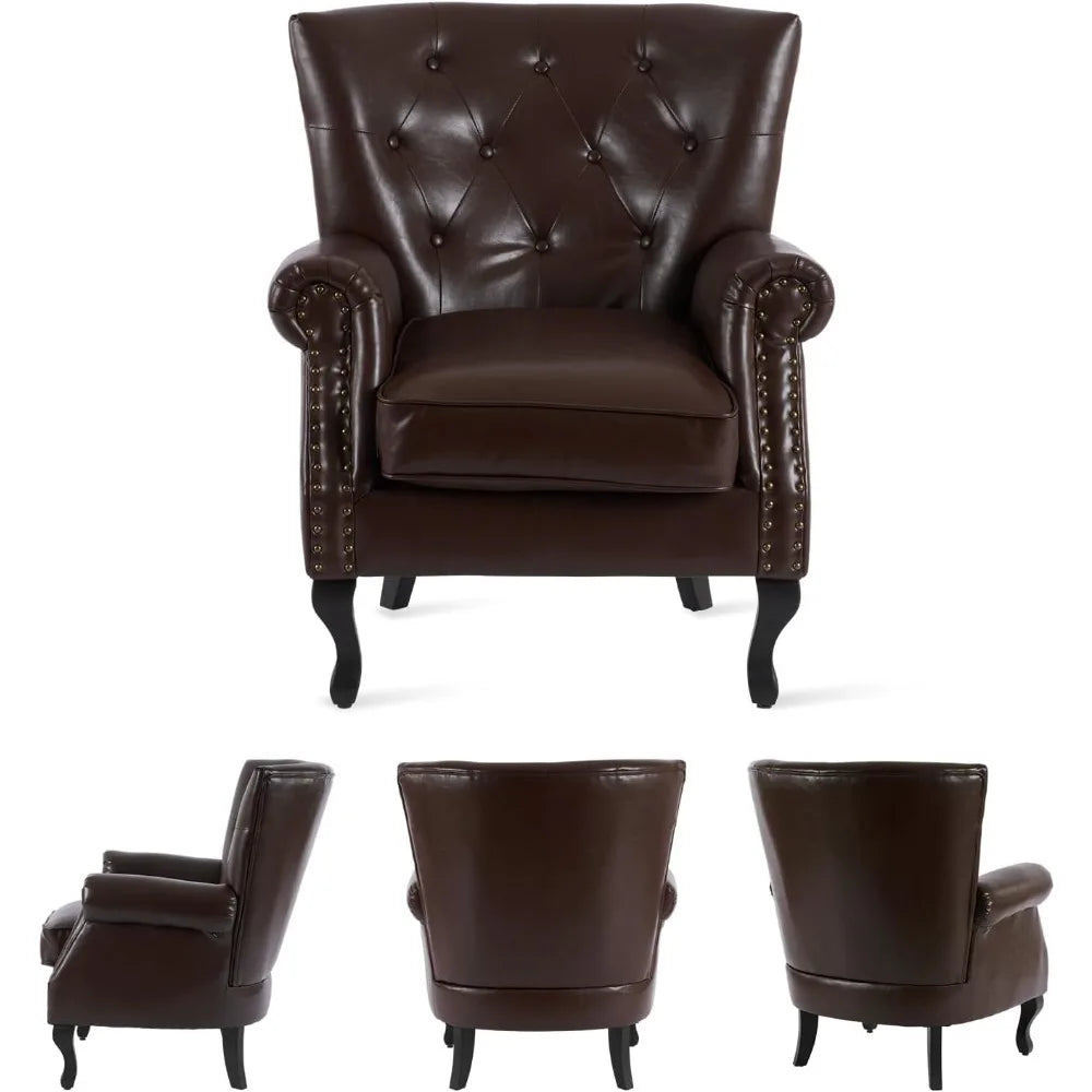 PU Leather Accent Chair Mid Century Modern Wing Back Club Chair