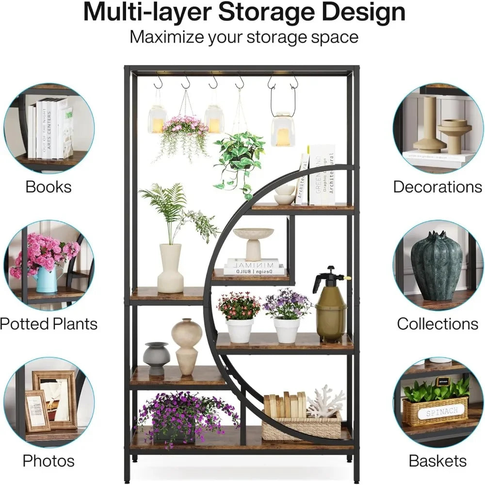 70.9 Inch Tall 7-Tier Half Moon Plant Stand Indoor Shelf with Hooks