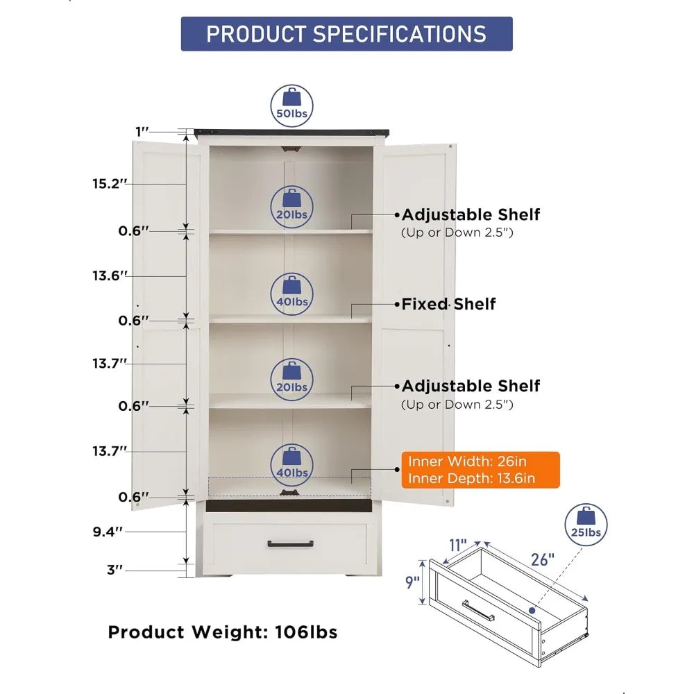 72 Inch Tall Wood Storage Cabinet Farmhouse Pantry Adjustable Shelves