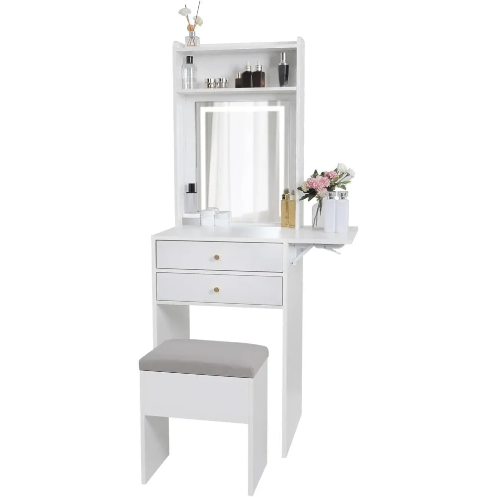 Small Vanity Desk Set with Lighted Mirror Storage Chair for Makeup