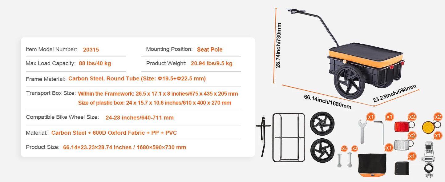 Ljustra 88Lbs Bike Cargo Trailer Foldable Bicycle Wagon with 16" Wheels
