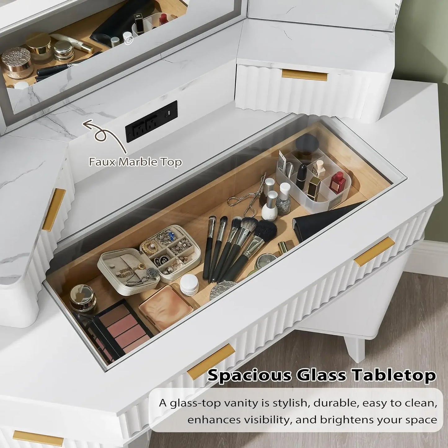 Fluted Makeup Vanity Desk with 3 Way Mirror Lights Charging Station Storage