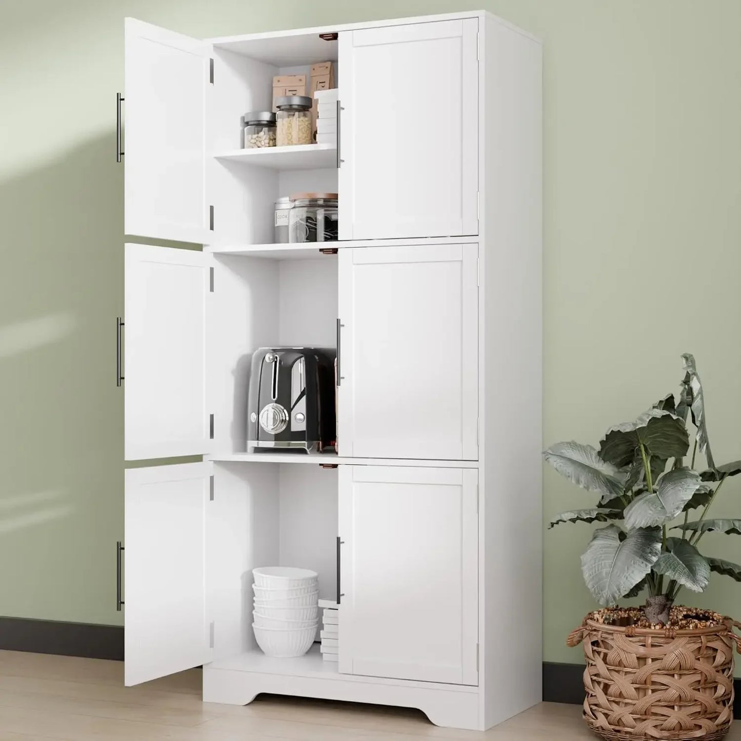 68.5 Inch Kitchen Pantry Cabinet Tall Storage 6 Doors Adjustable Shelves