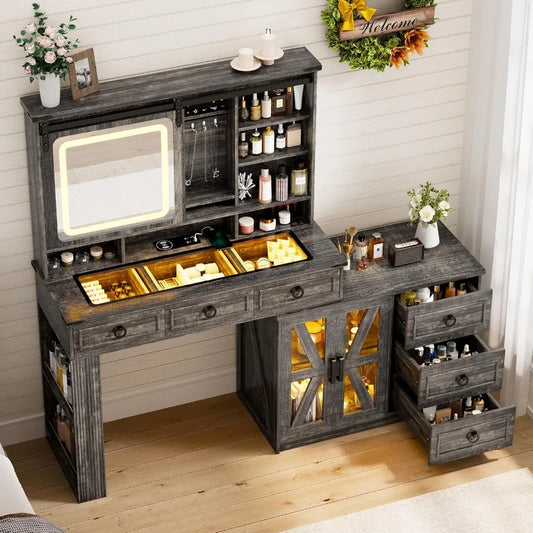 Farmhouse Vanity Desk Sliding Mirror Makeup Table Jewelry Storage 60W