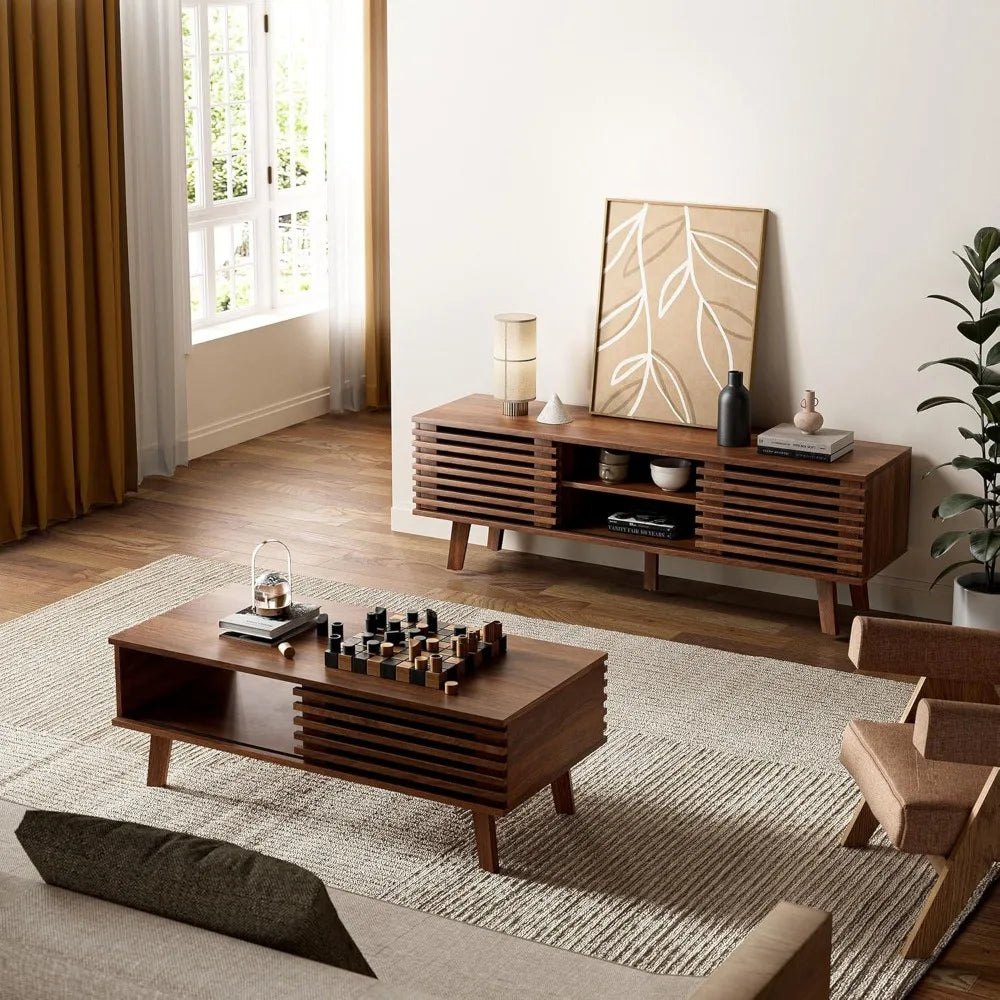 Mid Century Coffee Table with Storage Sliding Door Modern Living Room