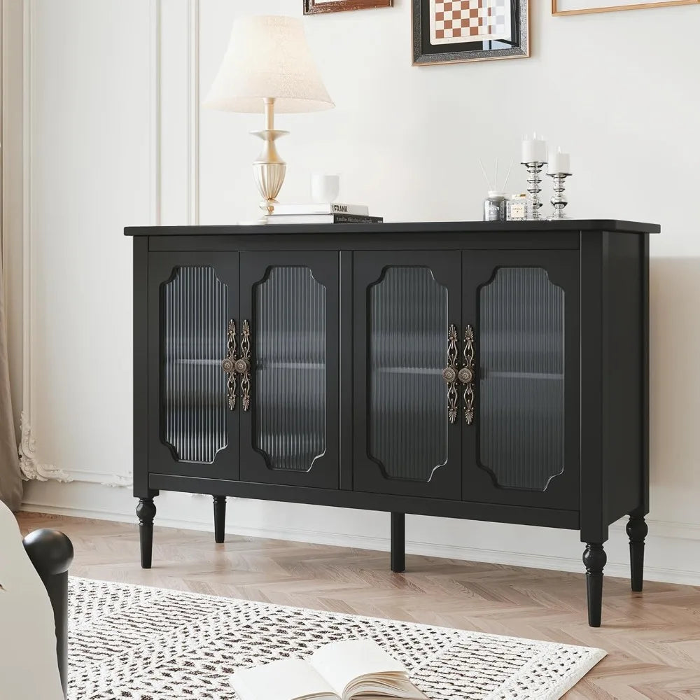 Vintage Buffet Sideboard with 4 Glass Doors Mid Century Storage Cabinet