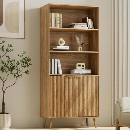 Natural Oak Bookshelf 70.9 Inch 5-Tier Bookcase with Fluted Doors