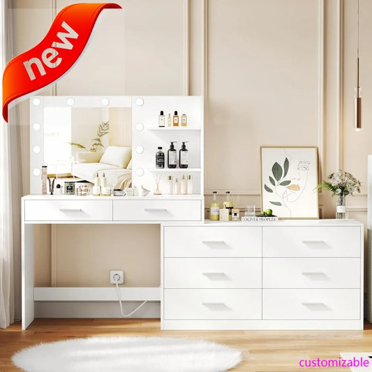 Ljustra 65 Inch Vanity Desk Lighted Mirror 8 Drawers Makeup Table