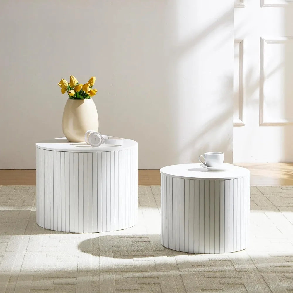 Round Nesting Storage Side Table Set of 2 Modern Wood Accent Tables