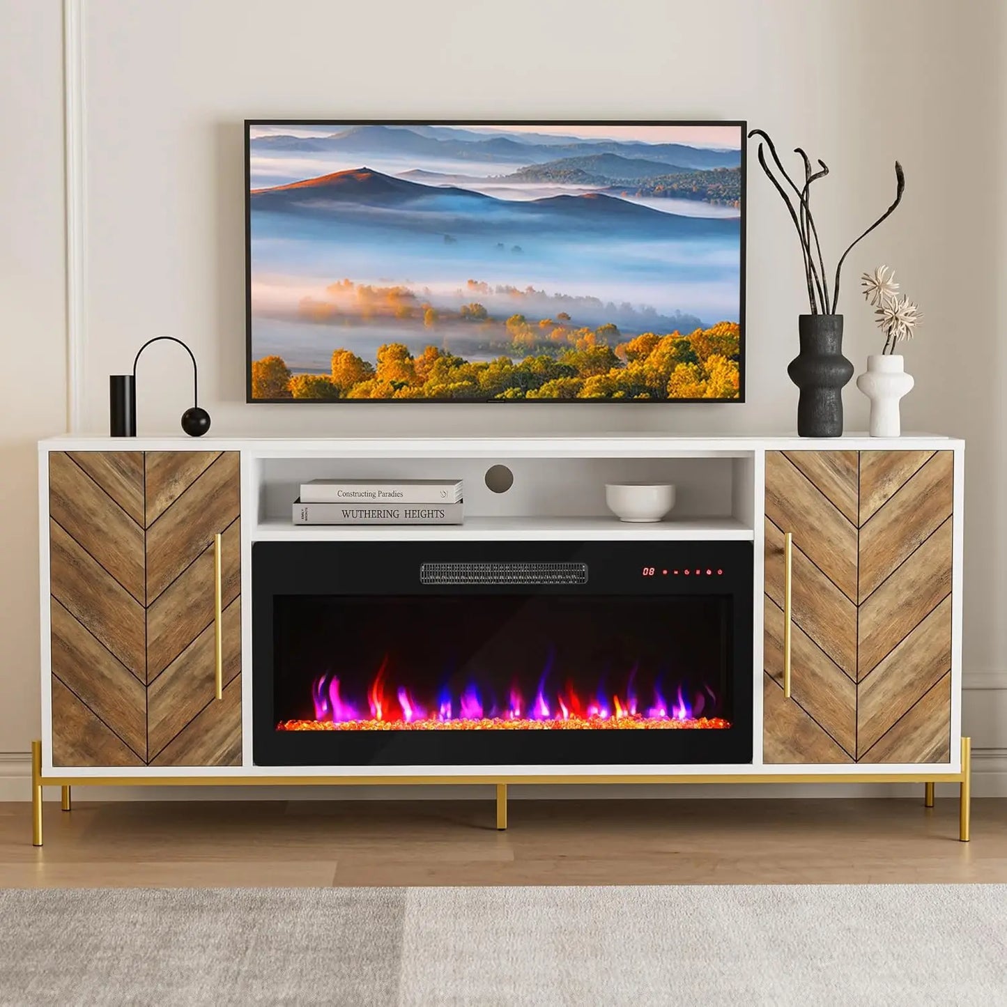 68 Inch TV Stand with Electric Fireplace and Storage Cabinet