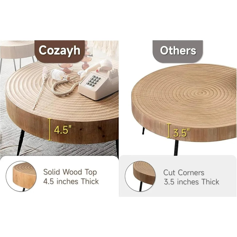 2-Piece Modern Farmhouse Living Room Coffee Table Set, Nesting Table Round Natural Finish with Handcrafted Wood Ring Pattern