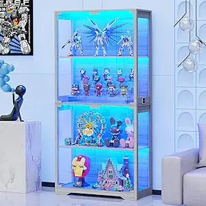 Display Cabinet Curio Case with 4-Tier Glass Doors and LED Lights