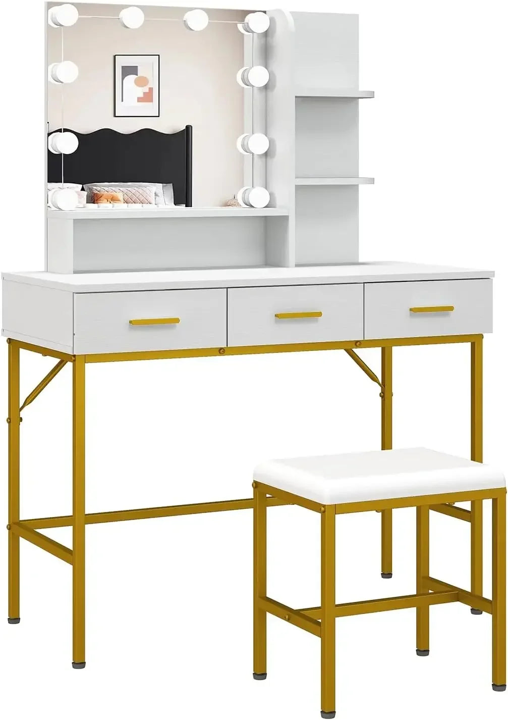 Vanity Table with Lighted Mirror and Cushioned Stool for Makeup