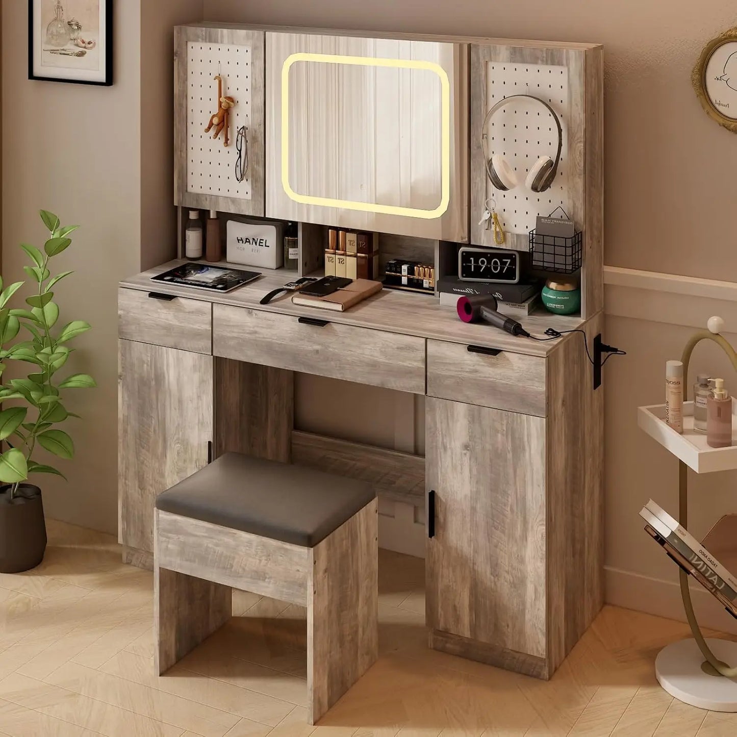 Large Vanity Table Set with LED Mirror Charging Station Pegboards Hooks